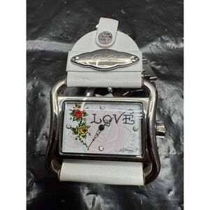 Ed Hardy By Christian‎ Audigier Love Floral Stainless & Leather Wristwatch White